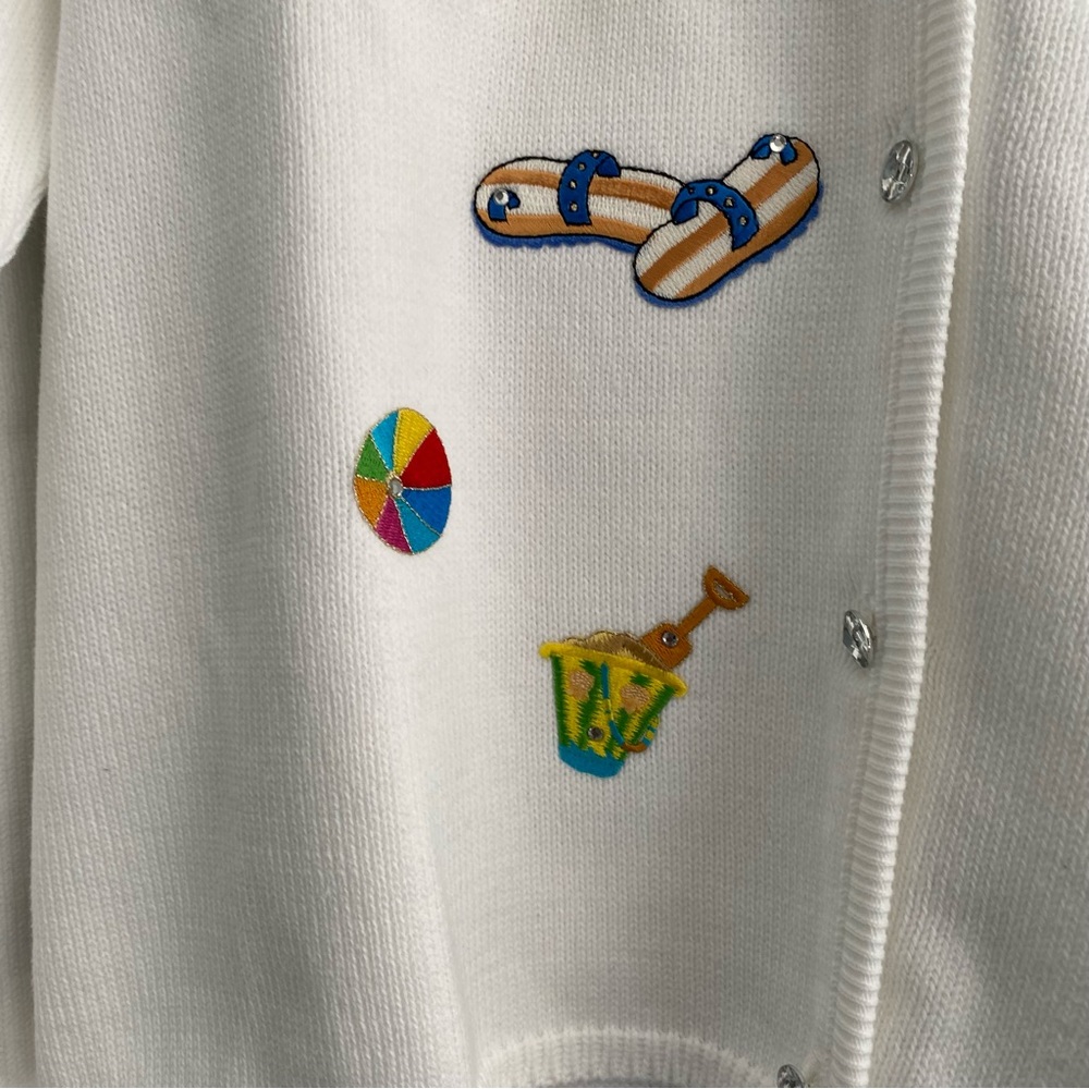 Tia Designs White Flip Flop Beach Embroidered Button Front Cardigan Sz L - Picture 5 of 10